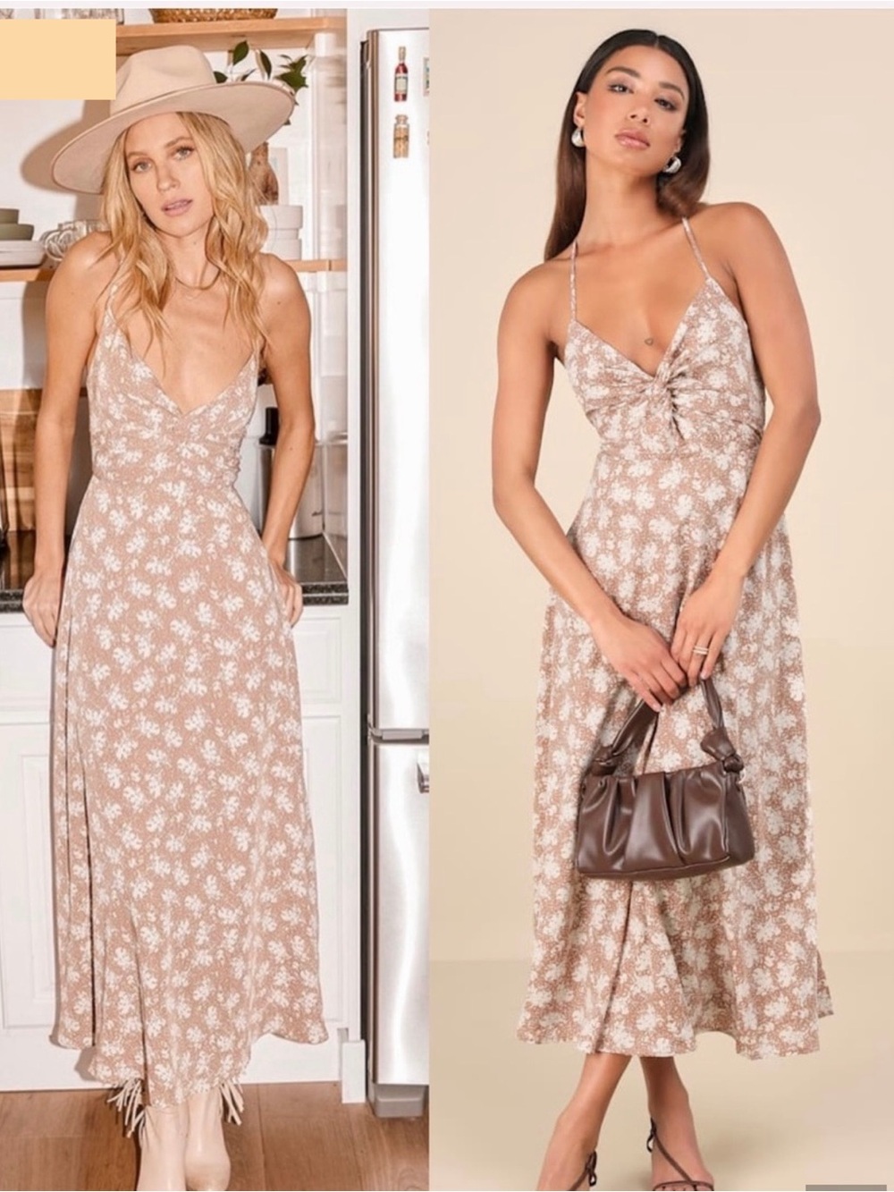 NWT Spaghetti Strap, Corset lace up back Floral Midi Dress in Beige